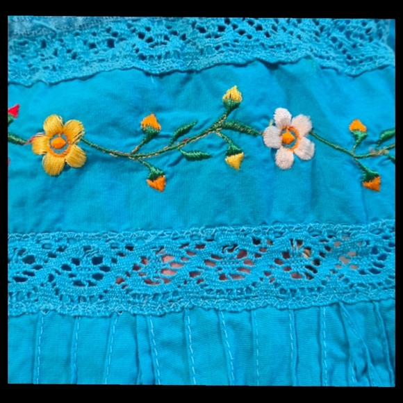 Bright Turquoise Off-Shoulder Embroidered Sundress - Picture 4 of 5